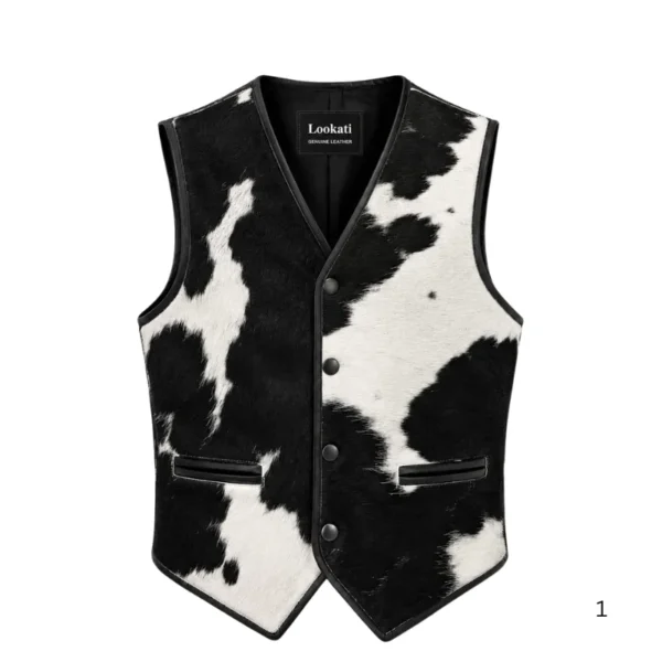 Black white cowhide men's leather vest
