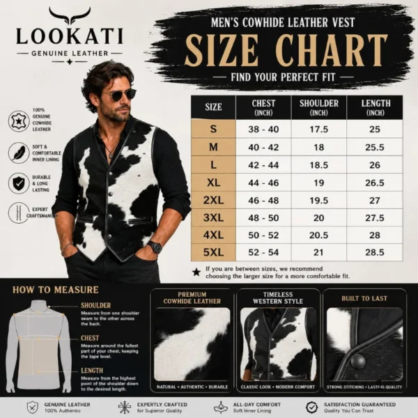 Brown white cowhide men's leather vest size chart image