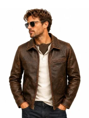 70s unlined waxy cowhide leather delivery jacket front view