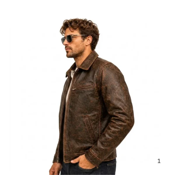 Handcrafted unlined leather delivery jacket left side profile