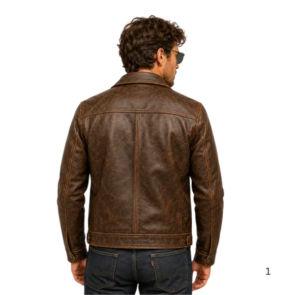 Men's vintage waxy cowhide leather jacket back view