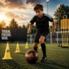 Leather football on practice field