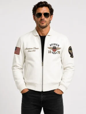 Men's leather jacket white 1975 Avirex collar view