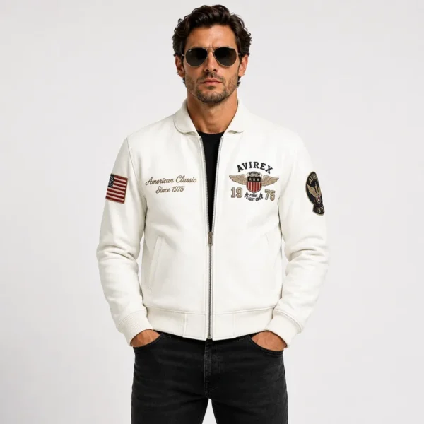 Men's leather jacket white 1975 Avirex collar view