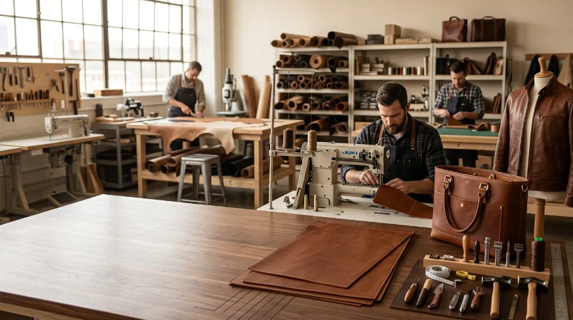 Leather craftsman using a professional sewing machine