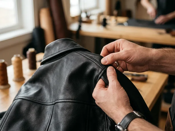 Leather craftsman stitching a premium leather product