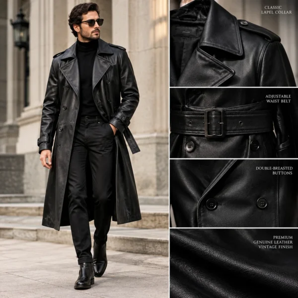 90s Leather Trench Coat Black Genuine Leather Unisex Coat for Winter