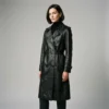 90s women leather trench coat in classic black leather